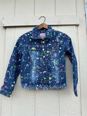 Chillipop Kids Girls Dark Blue Denim Jacket with Multi-Color Paint-Splatter